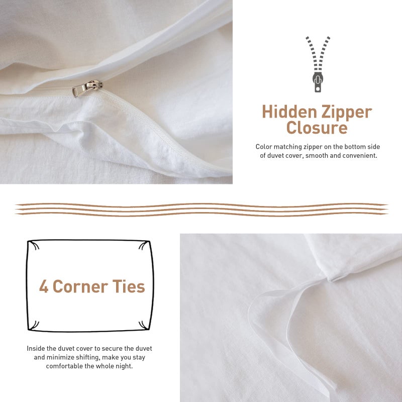 BISELINA French Linen Duvet Cover Set 3pcs with Hidden Zipper Closure Natural Flax Cotton Blend Solid Color Soft Breathable Luxury Farmhouse Bedding -Full Size, White - Image 3